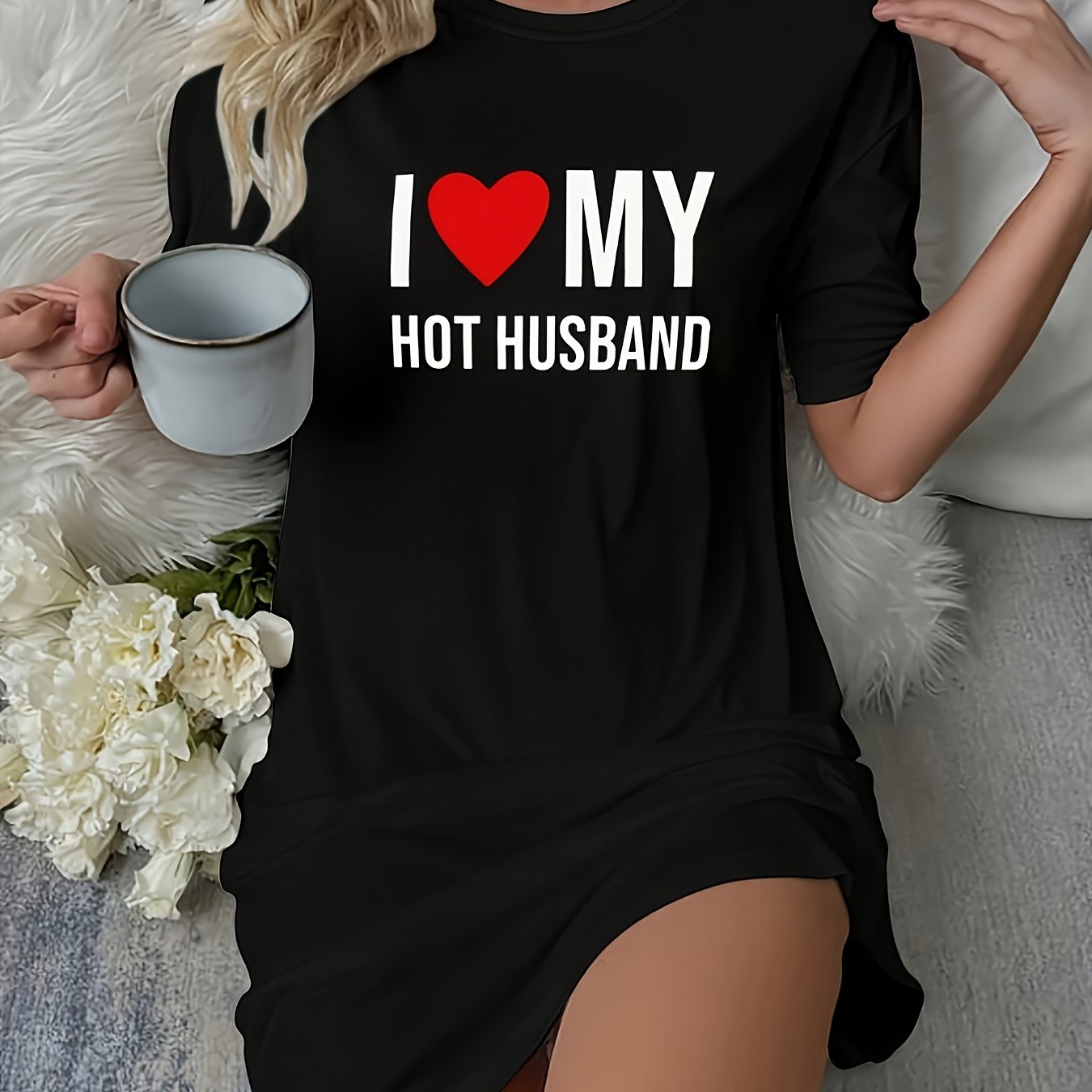 TEMU I Love My Hot Husband Slogan Print Comfortable Women's Short Sleeve Round Neck-shirt Nightdress - Casual Sleepwear, Washable