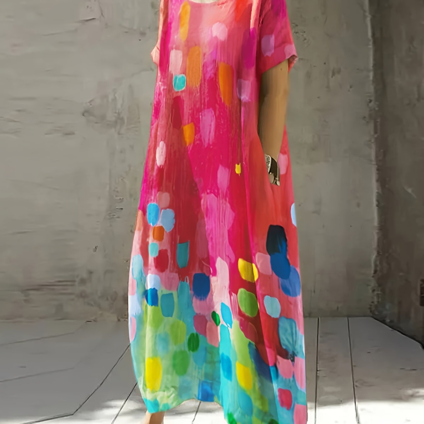 Image of Printed Short Sleeve Summer Pocket Midi Dress, Elegant Temperament Women's Casual Round Neck Dress