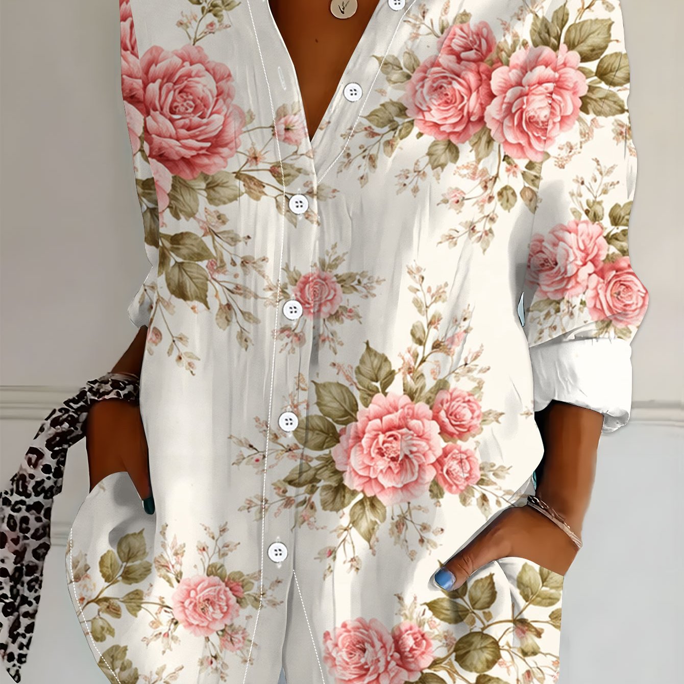 TEMU Plus Size, New Plus Size Women's Long Sleeve Printed Shirt, Versatile And Elegant Blouse For Women, Pink Rose Floral Pattern, Loose 's Long