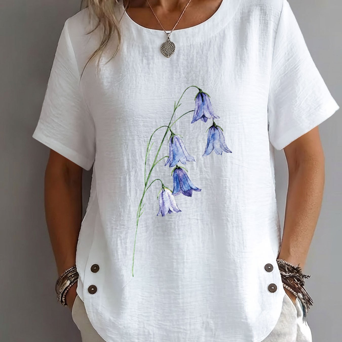 TEMU Spring Summer Women's Watercolor Style Flower Stem Leaves Print Mature Casual Round Neck Short Sleeve Elegant Clothing