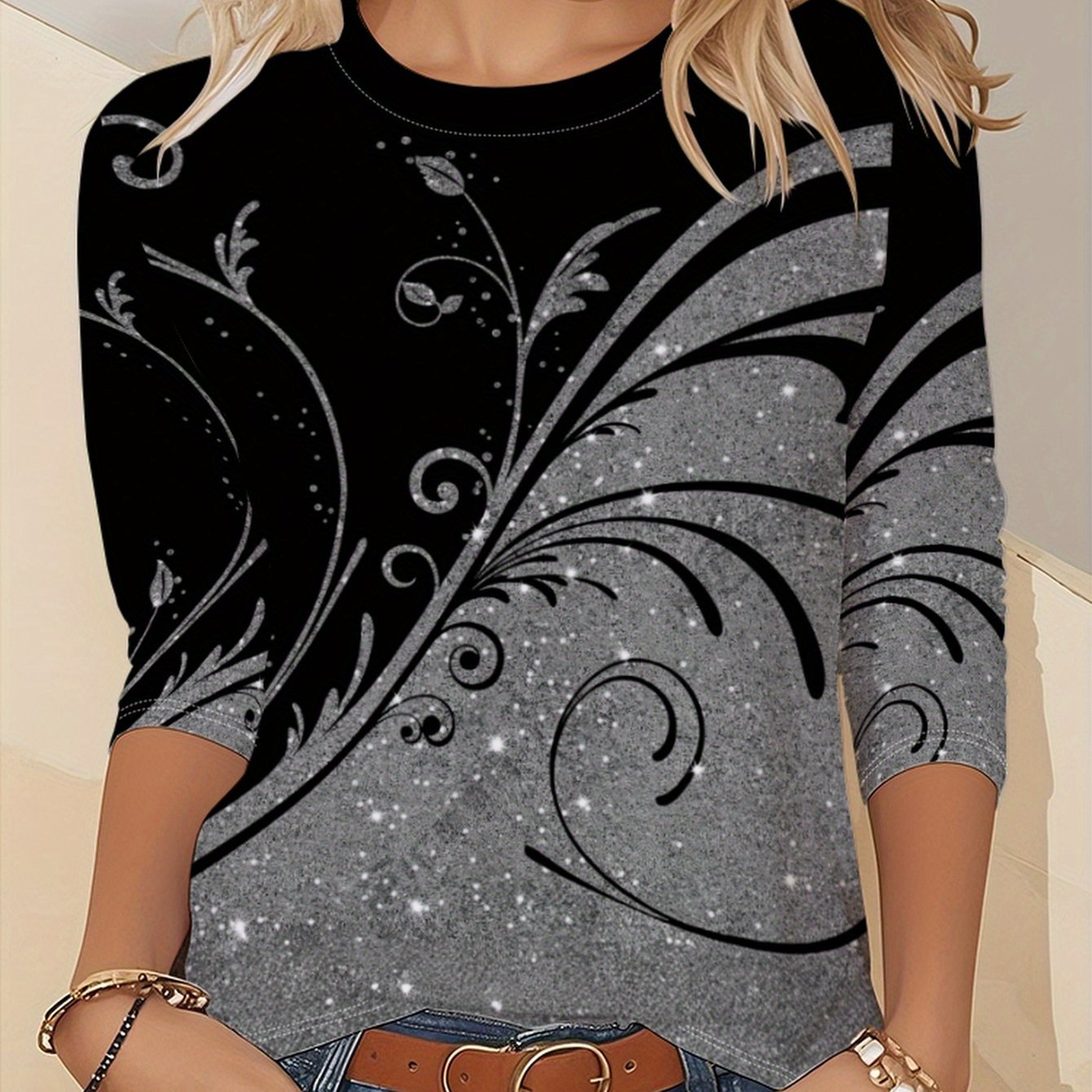 Design Sense Dark Gray Series Crew Neck Long Sleeve T-shirt All Casual Fashion Women's Top-085