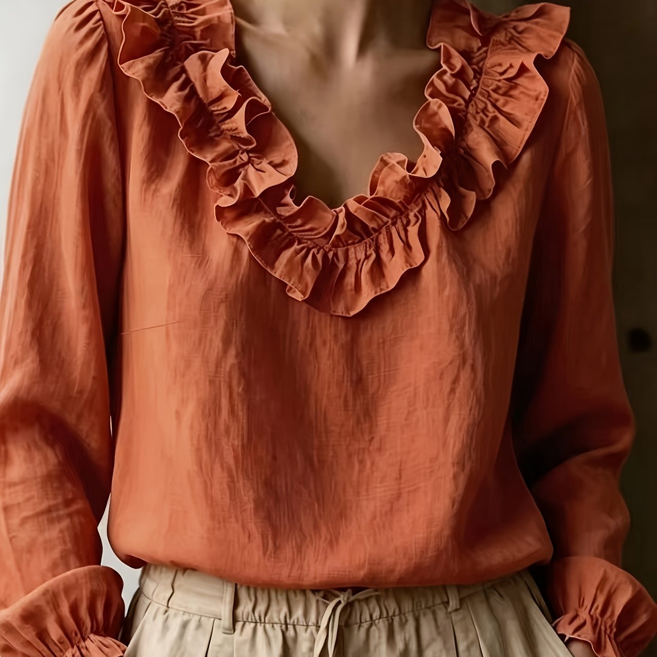 TEMU Taglie Forti, Camicia da Donna Taglie Forti Stile Francese con Balze, Scollo a V, Maniche a e Maniche Lunghe, Polsini Elastici Elasticizzati,