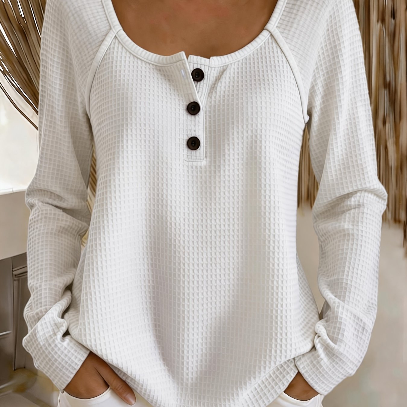 TEMU Plus Size, Plus Size Women' Color Waffle Long Sleeve T-shirt, Henley Collar, Half-button , U-shaped Raglan Sleeve, Stretchy Loose Fit, Warm,