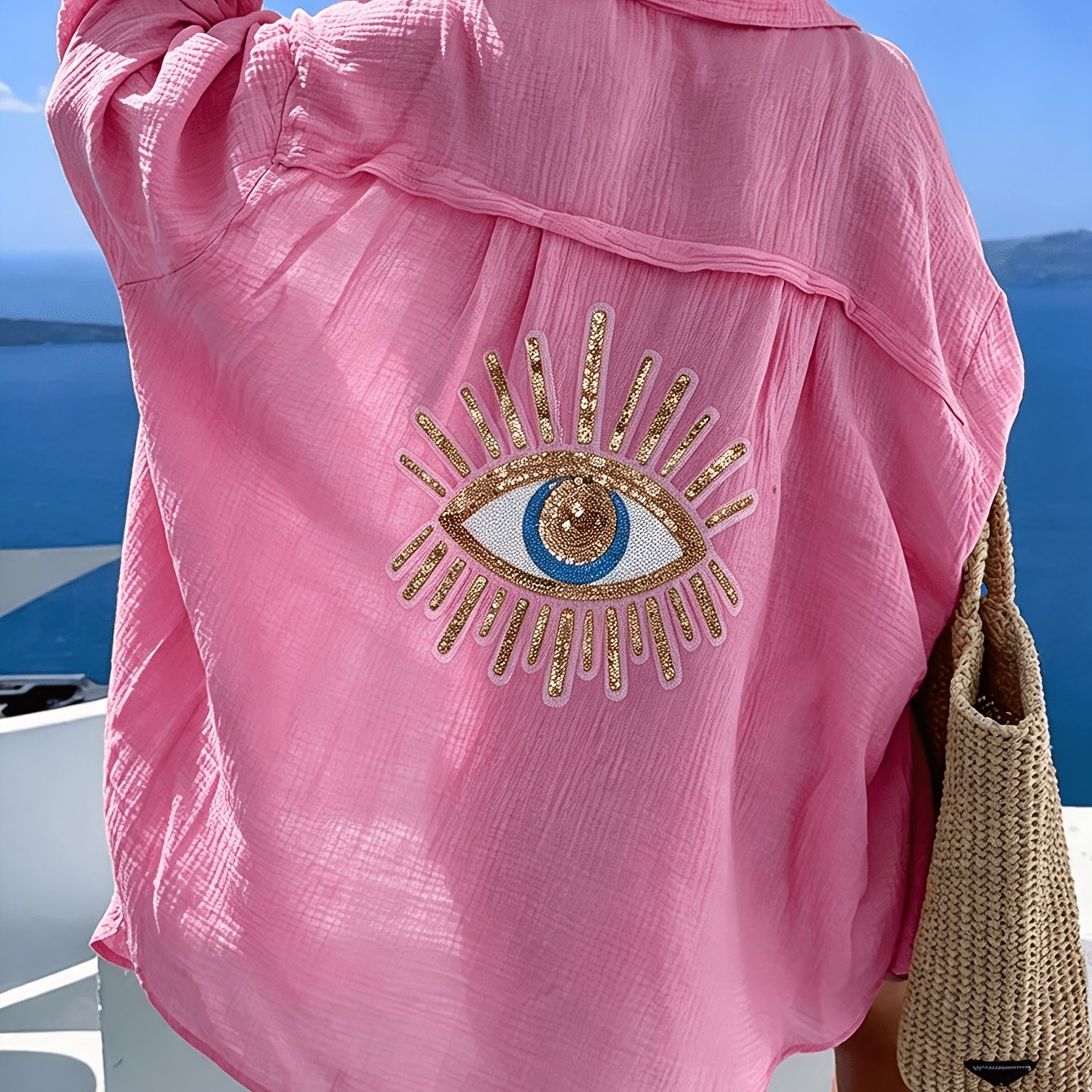TEMU Fashionable Spring/summer Elegant Loose Fit Casual Women's Long Sleeve Shirt With Eyelet Detail At The Back