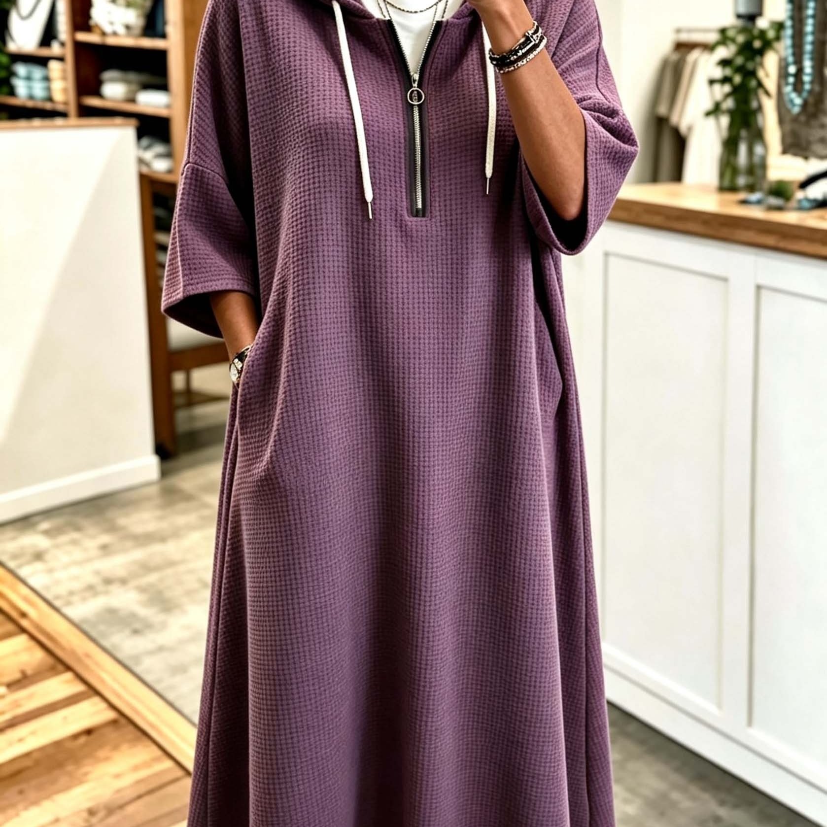 TEMU Plus Size - Spring Autumn New Waffle Half-zip Hooded Sweatshirt Dress Women's Loose Plus Size Three-quarter Sleeve Drawstring Pocket Mid-length