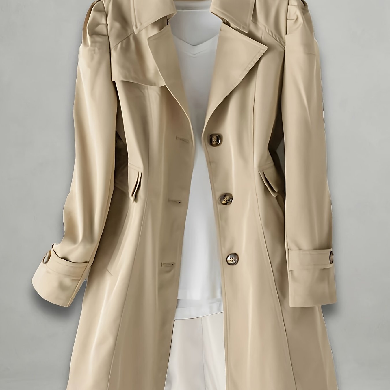 TEMU Ladies' Spring/autumn Elegant Puff Sleeve Solid Color Trench Coat With Fashionable Lapel, Flap Pockets, Long Sleeves, Single-breasted Coat For
