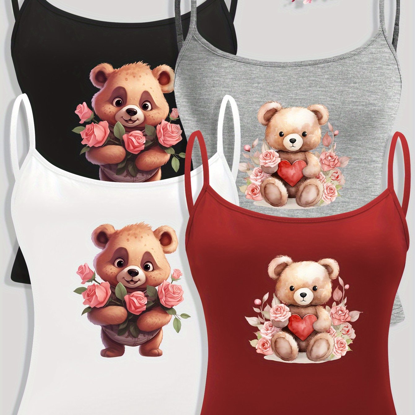 TEMU 4pcs Teddy Bear Graphic Print Spaghetti Strap Top Sexy Sleeveless Backless Versatile Cami Top Women's Clothing