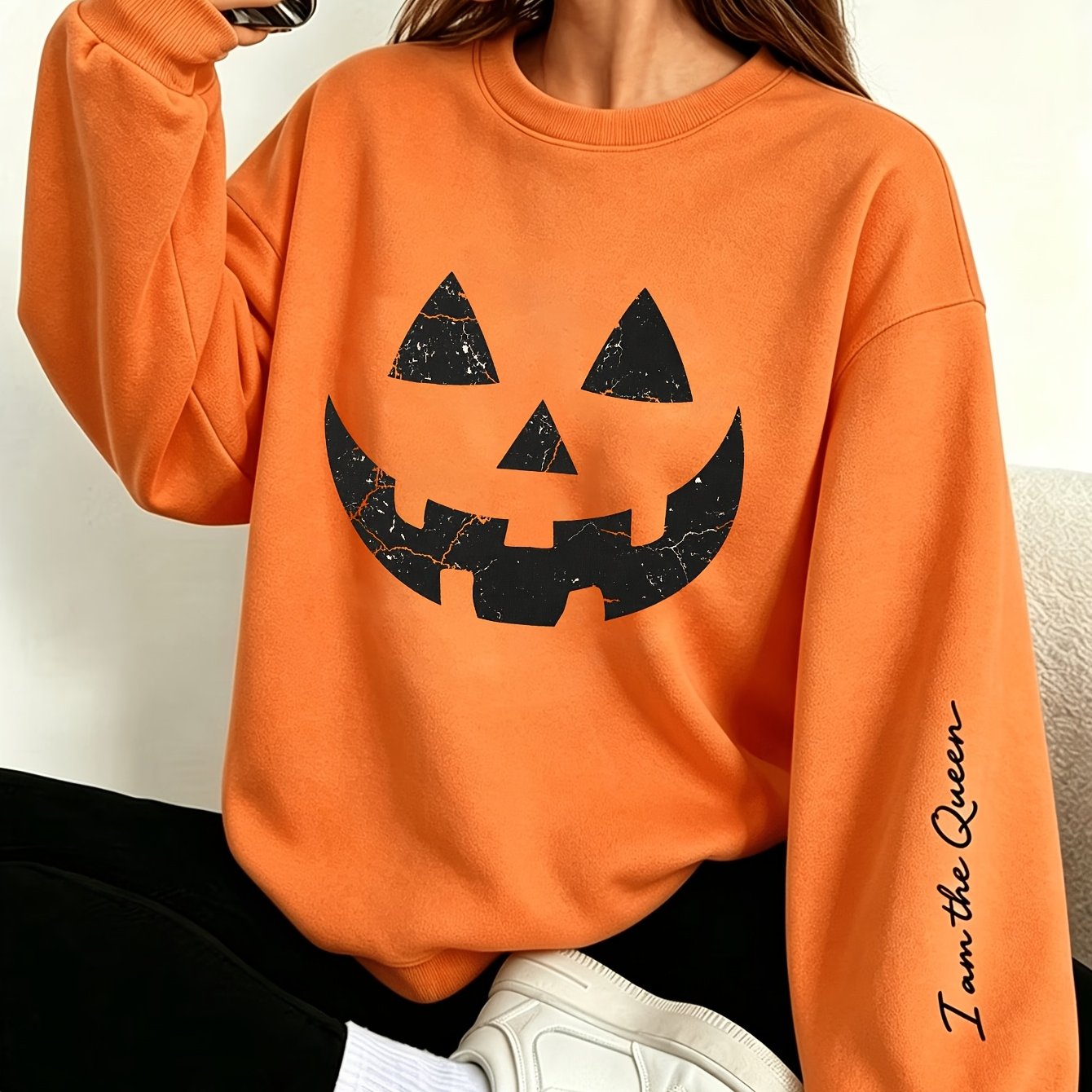 TEMU Retro Halloween Round Neck Sweatshirt, Featuring "retro Distressed Ripped " Print, Sweatshirt Same As Halloween Print, Women's Loose Fit