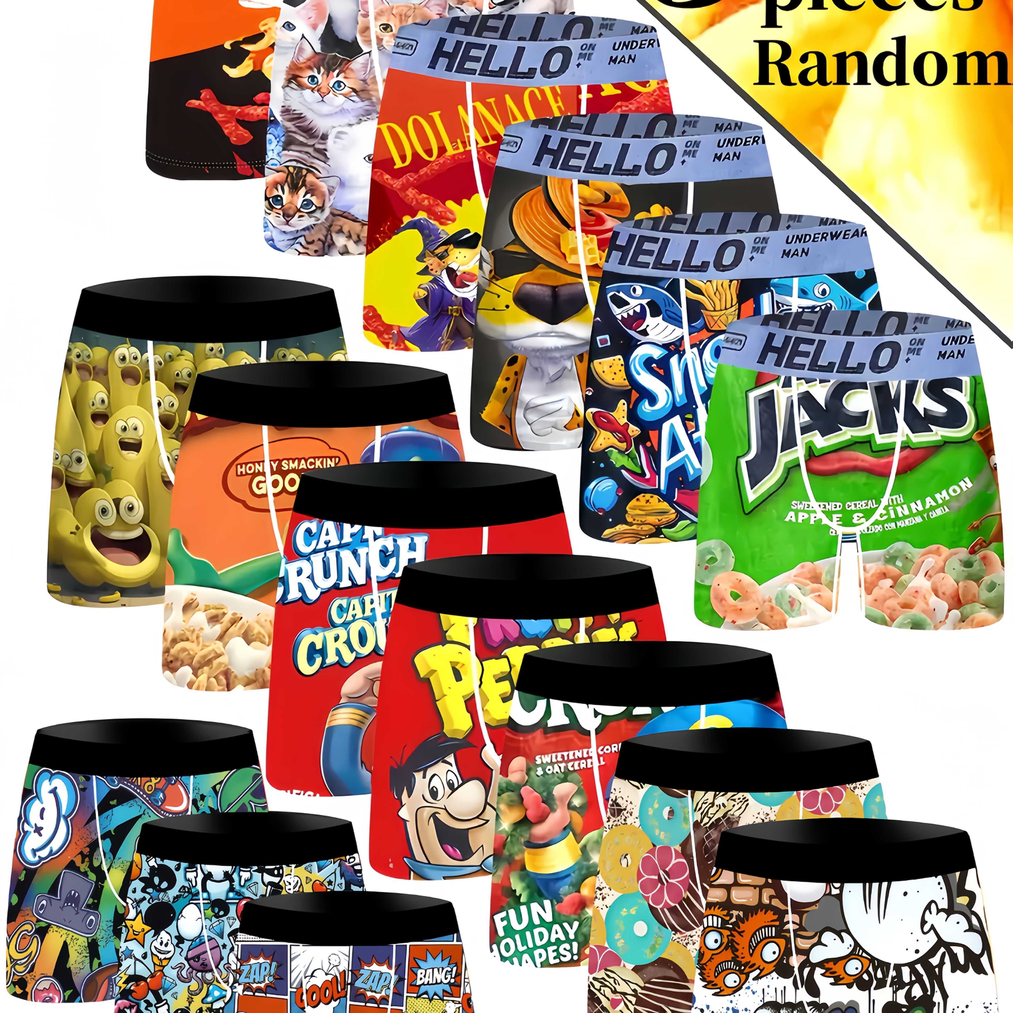 TEMU Pack 3 Cartoon Digital Printed Men's Underwear, Knitted Elastic Fashionable Underwear, Comfortable And Breathable Men's Underwear