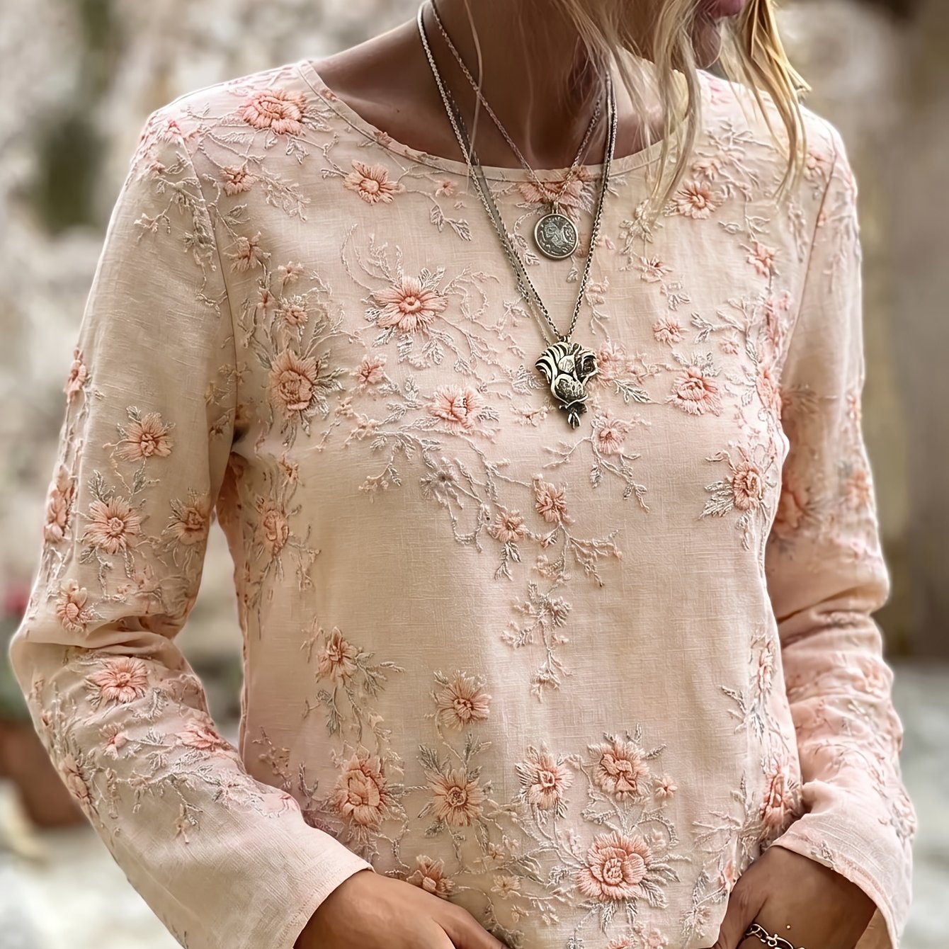 TEMU Women's Vintage Floral Vine Long Sleeve Top, Faux Bamboo Casual Shirt