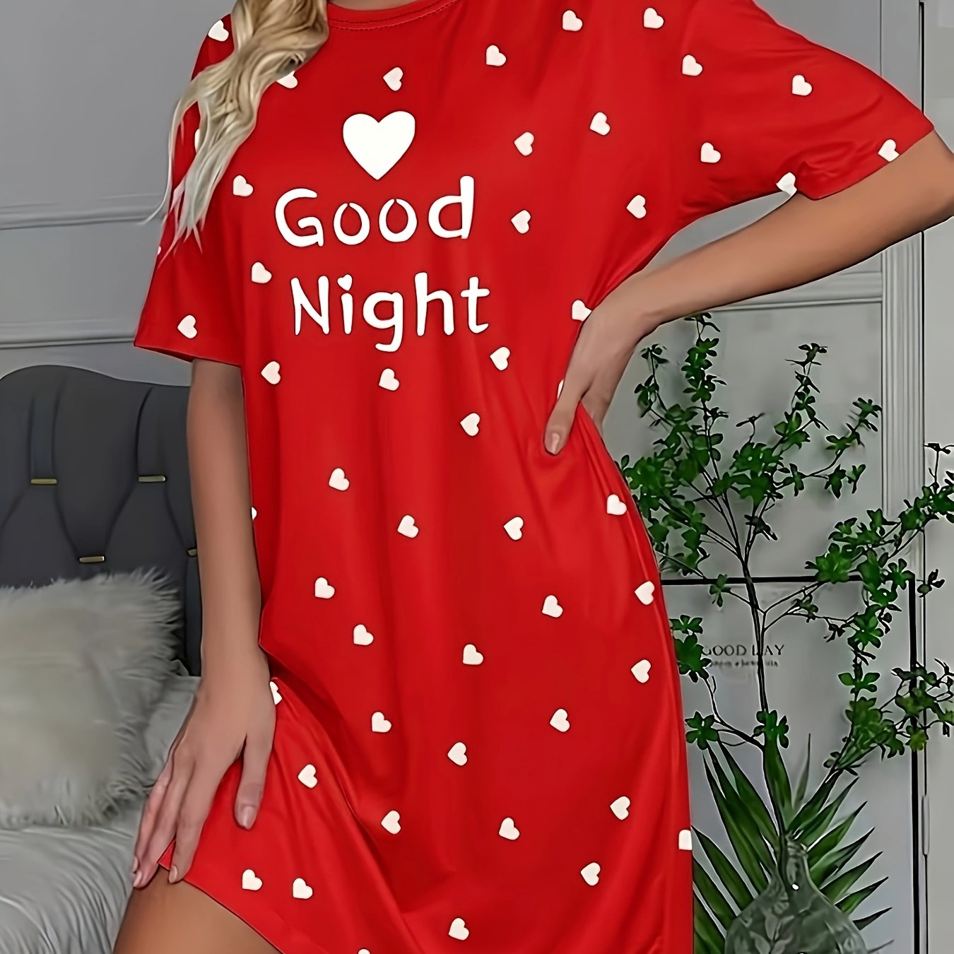 TEMU Women's "" Slogan Pajamas - Cozy Short-sleeve T-shirt Dress With Round Neck And Heart Embellishments, Mixed Material Sleepwear, Machine Washable