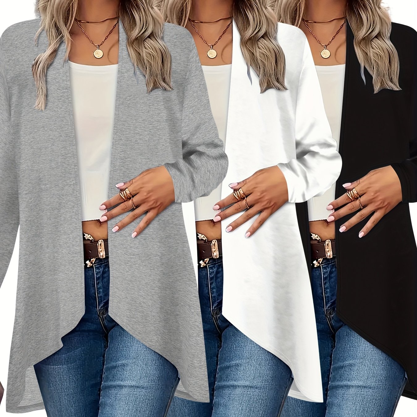 Image of 3pcs Set Black, White, And Gray Solid Color Fashionable Casual Elegant Open Front Long Sleeve T-shirt Cardigan Thin Style Jacket Swear Outerwear New Autumn/winter Women's Sweater Top