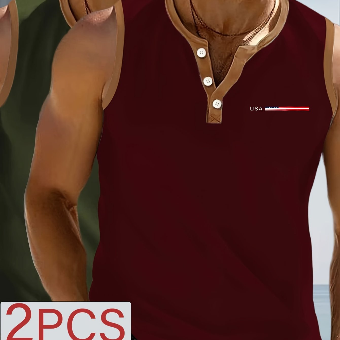 TEMU 2pcs Men's Henley Tank Tops, Usa Flag Print Sleeveless V Neck Button T Shirts, Casual Summer Fitness Workout Vest For Men