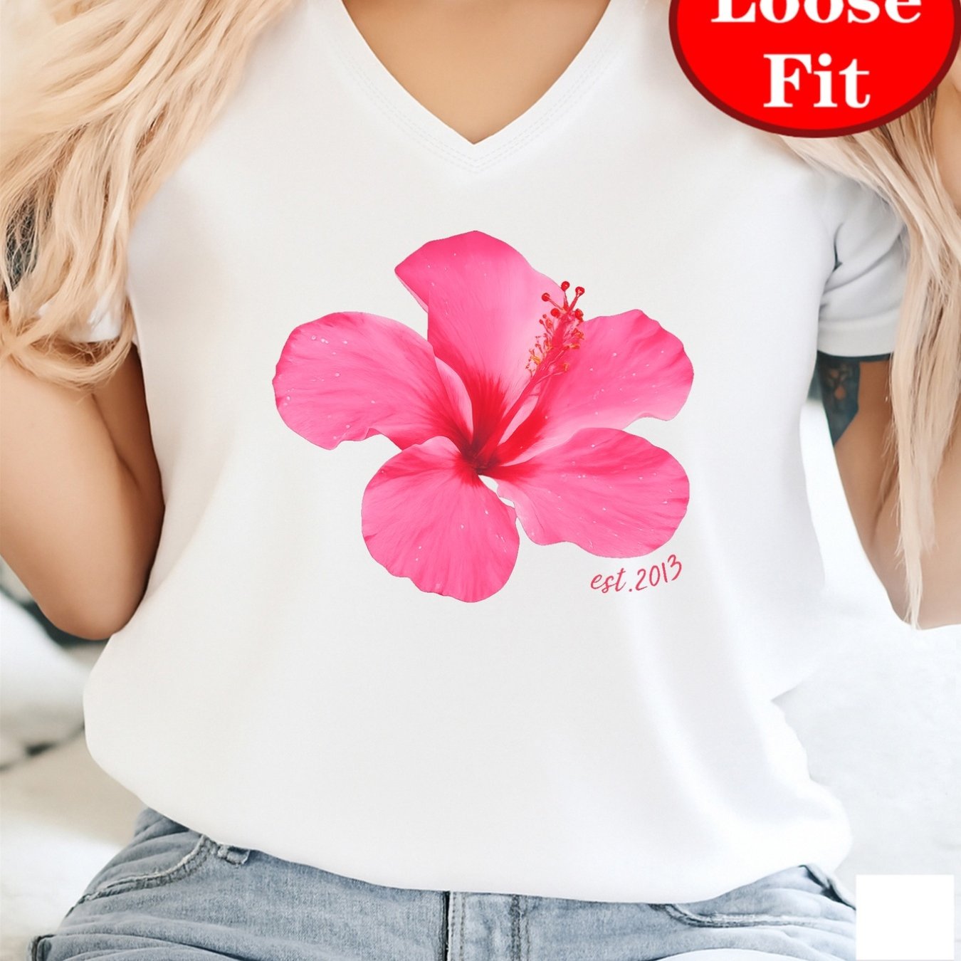 TEMU Women's Plus Size V-neck Short Sleeve T-shirt - Flower Print Pink & Magenta Hawaiian Hibiscus, Relaxed Fit H-, Breathable Summer Blouse For