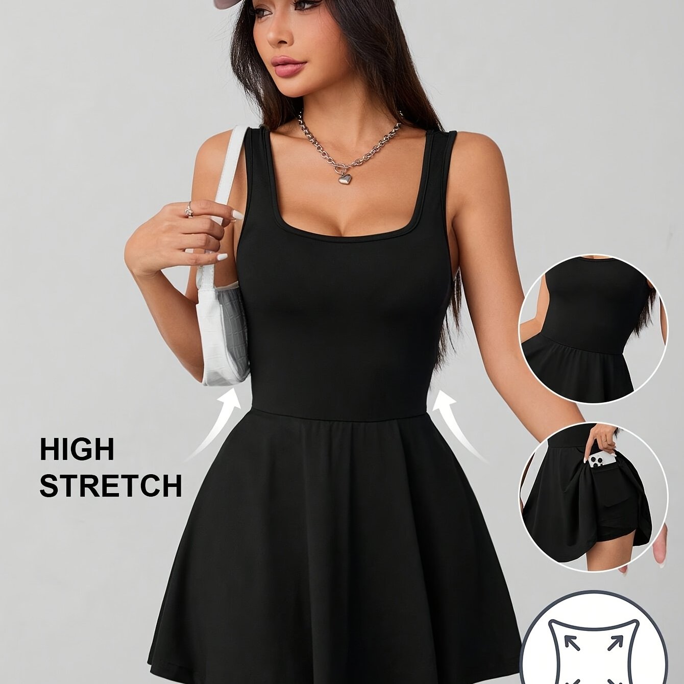 TEMU Women's Sexy Elegant Black Party & Casual Dress - Stretchy A-line Skirt, Low Neckline, Machine Washable Formal & Everyday Outfit For Women, Side