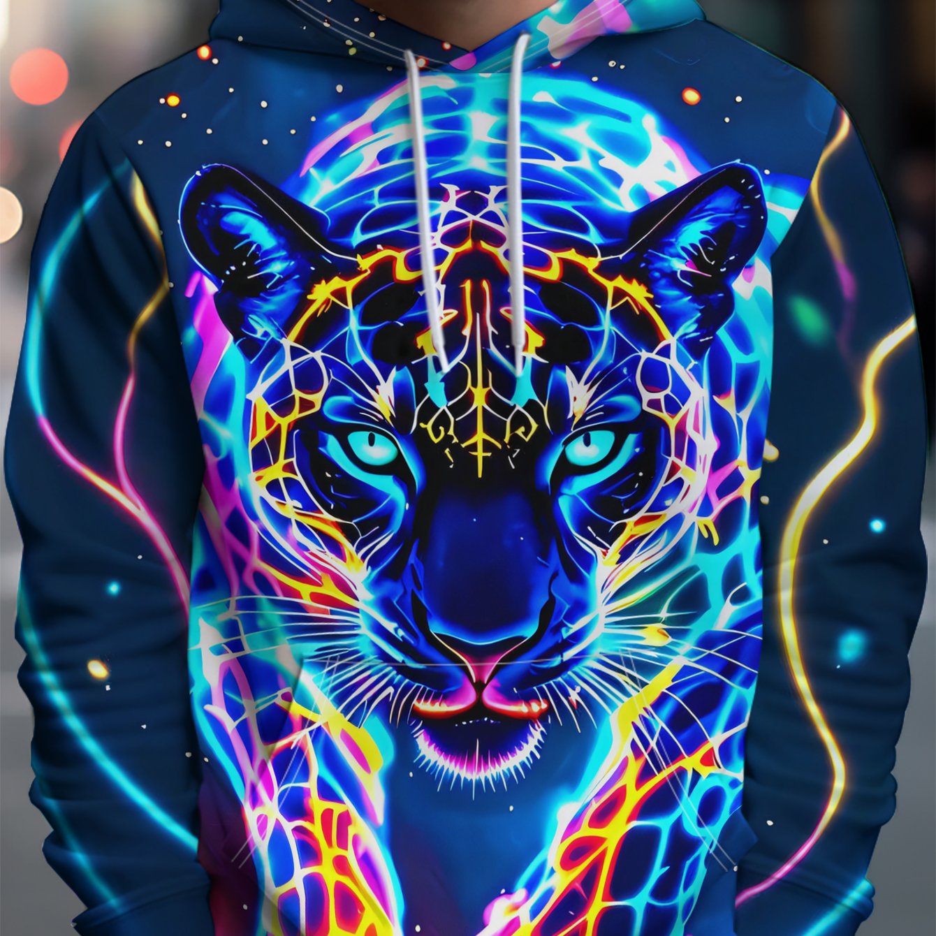 TEMU Men's Casual Neon Leopard Shadow Hooded Sweatshirt, Autumn/winter Men's Outerwear