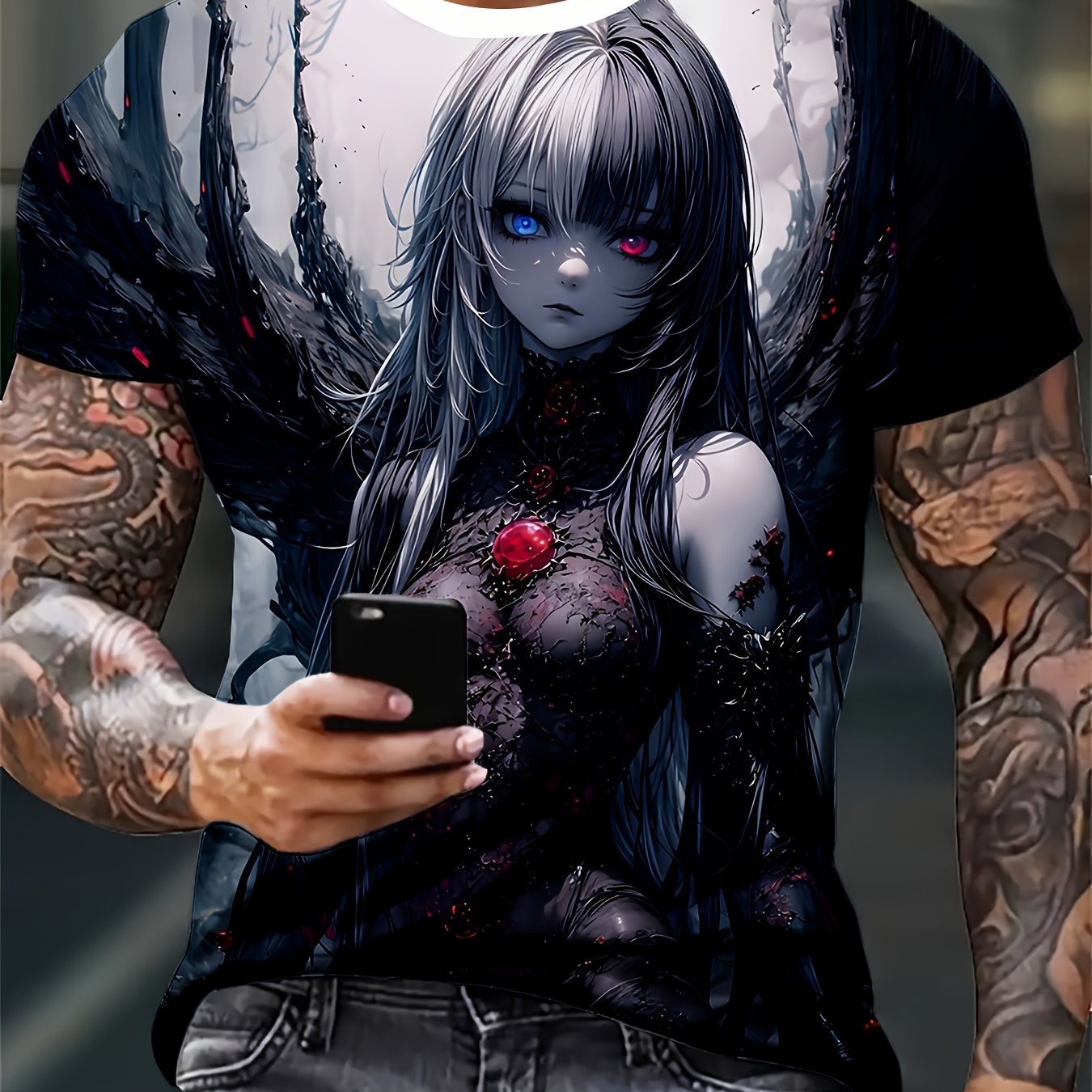 TEMU Printed Design Men's Anime Gothic Style Pattern T-shirt - Black Background Design - Machine Washable Anime Fan Gift, Style, Breathable Fabric
