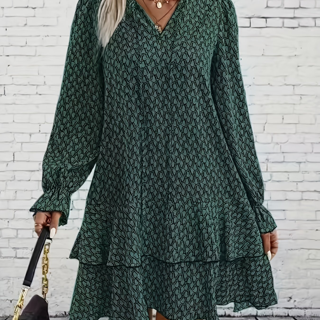 Plus Size - Plus Size - Random Floral Print Sleeve Plus Size Women's Dress