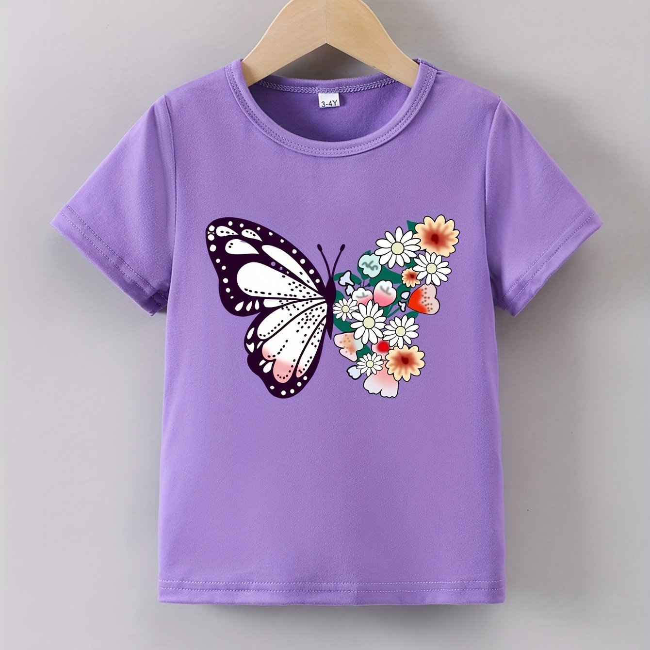 TEMU Girls' Summer Butterfly Print T-shirt - Casual Short Sleeve, Crew Neck, Soft Polyester Blend,