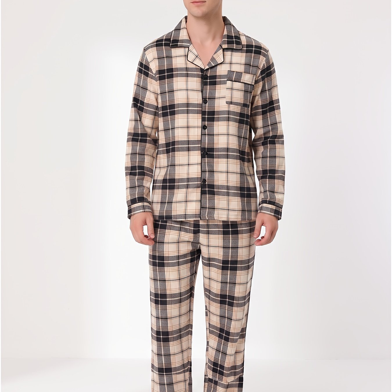 TEMU 2pcs Set, Men's Black And Yellow Print Lapel Cardigan Long-sleeve And Trousers Pajama Set