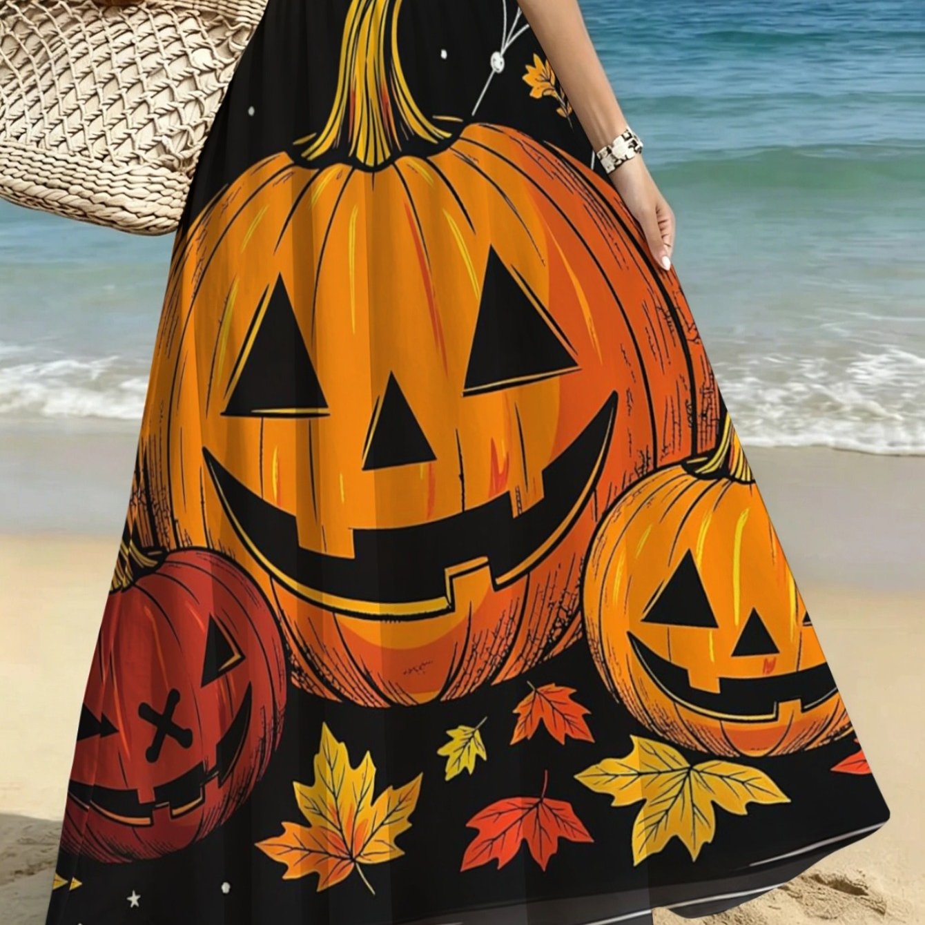 TEMU Lianyaoshi [printed Design Not Textured] Halloween Pumpkin Print Midi Skirt For Women With Orange Jack-o'-lanterns And , Lightweight Perfect For