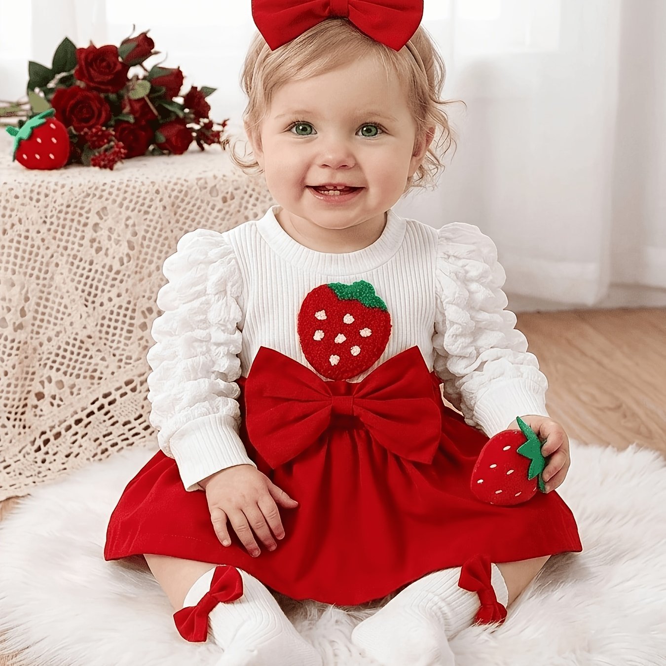 Image of Girls' Strawberry 2-in-1 Long-sleeve Bodysuit With Hair Tie And A Pair Of Bow-decorated Socks, Cute Spring/autumn Set, Perfect For Outdoor