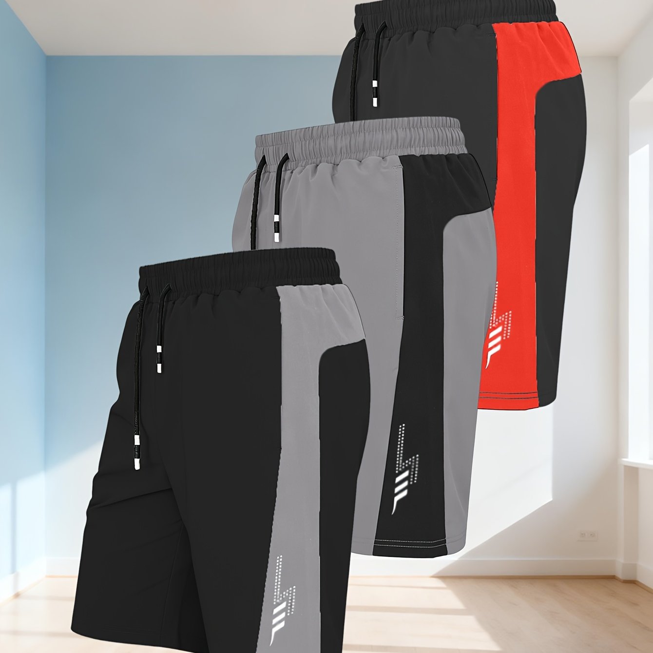 TEMU Men's 3pcs Athletic Shorts Set, Quick Dry Lightweight Casual Shorts, Color Block Drawstring Workout Shorts With Pockets, For Gym, Running,