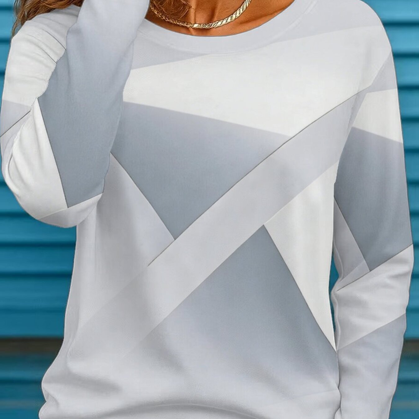 TEMU Autumn Winter Women's Long Sleeve Pullover Sweater Gray White Geometric T-shirt, Easy Temperament Casual , Artistic Party Leisure Trendy