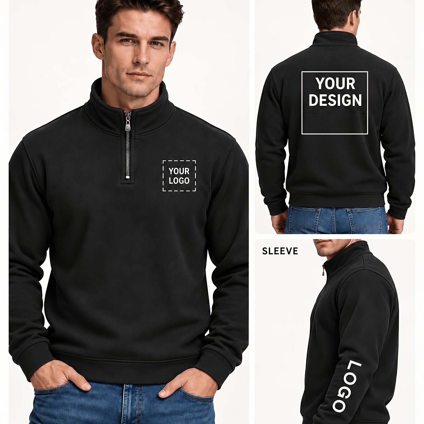 TEMU Cadeau de Noël 1pc Sweat-shirt Homme en Noire à Demi-Fermeture Éclair, Col Doublé Chaud, Personnalisation Disponible pour la Poitrine Gauche, le