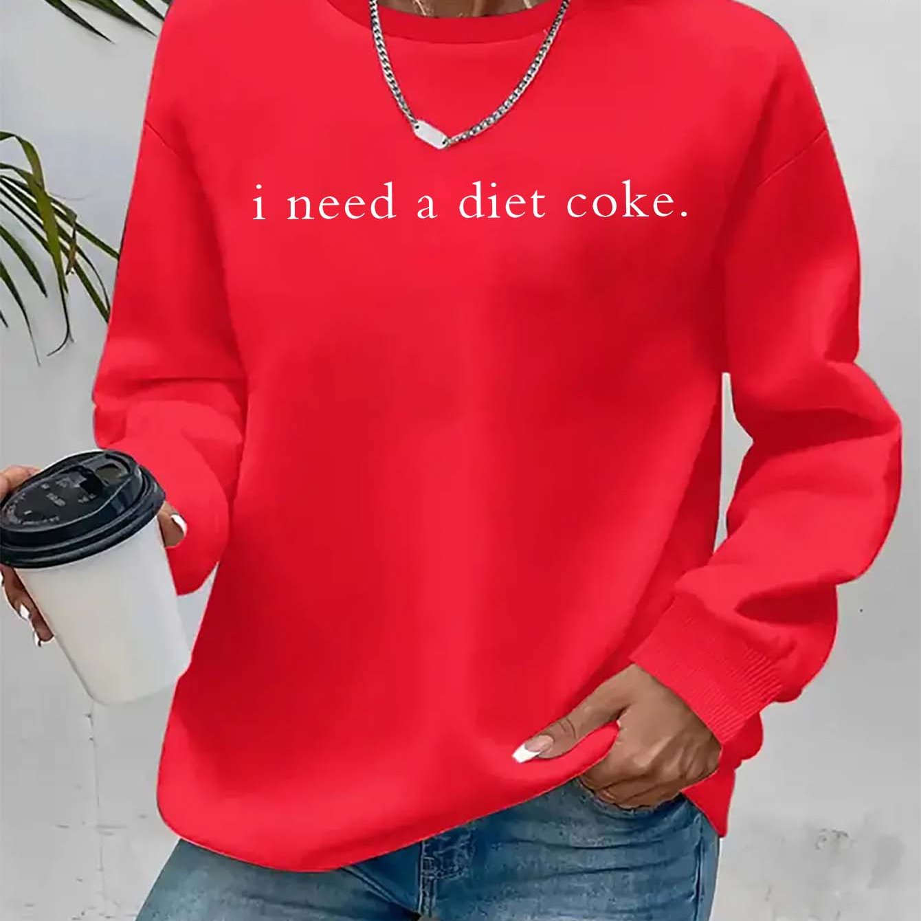 TEMU "i Need A Diet " Monogram Print, Long-sleeved Sweatshirts, Women's Crewneck Casual Sweatshirts, Soft And Comfortable , , Fashion Must-have