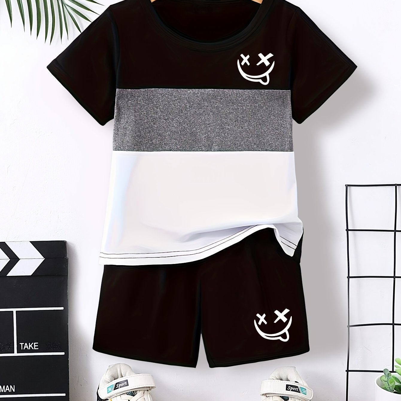 Tz4418 Summer Boy's Block Series Shorts Set Creative Pattern Print 's Cute Short Sleeve T-shirt And Shorts Casual Suit, Perfect For Outdoor