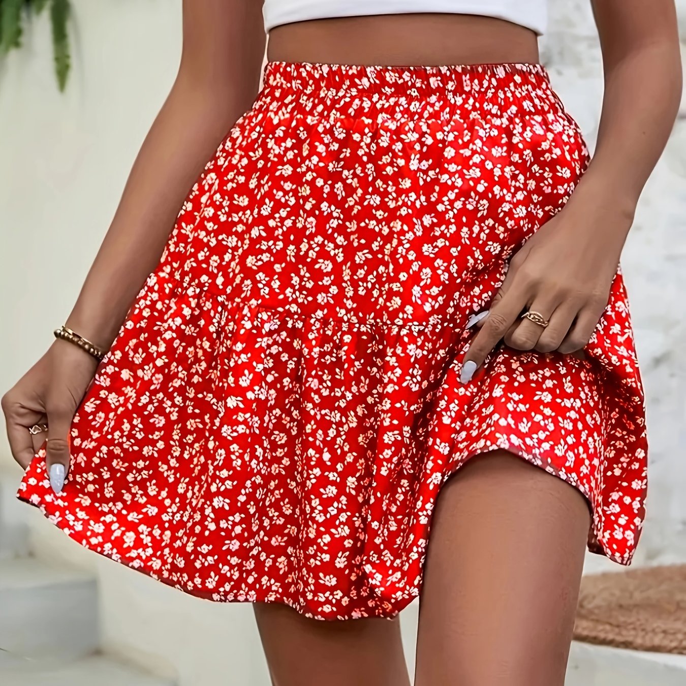 E-shop Mini-Rock für Damen, hochtaillierter, plissierter, elastischer Bund im Boho-Stil
