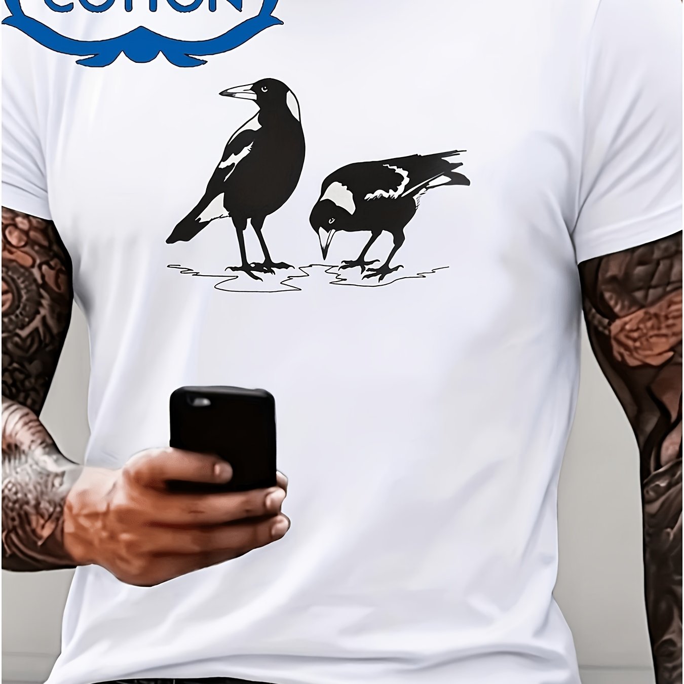 TEMU Unisex T-shirt Featuring An Australian Magpie Print - Made From Pure Breathable And Elastic Includes Plus-size Short-sleeved T-shirts In Black