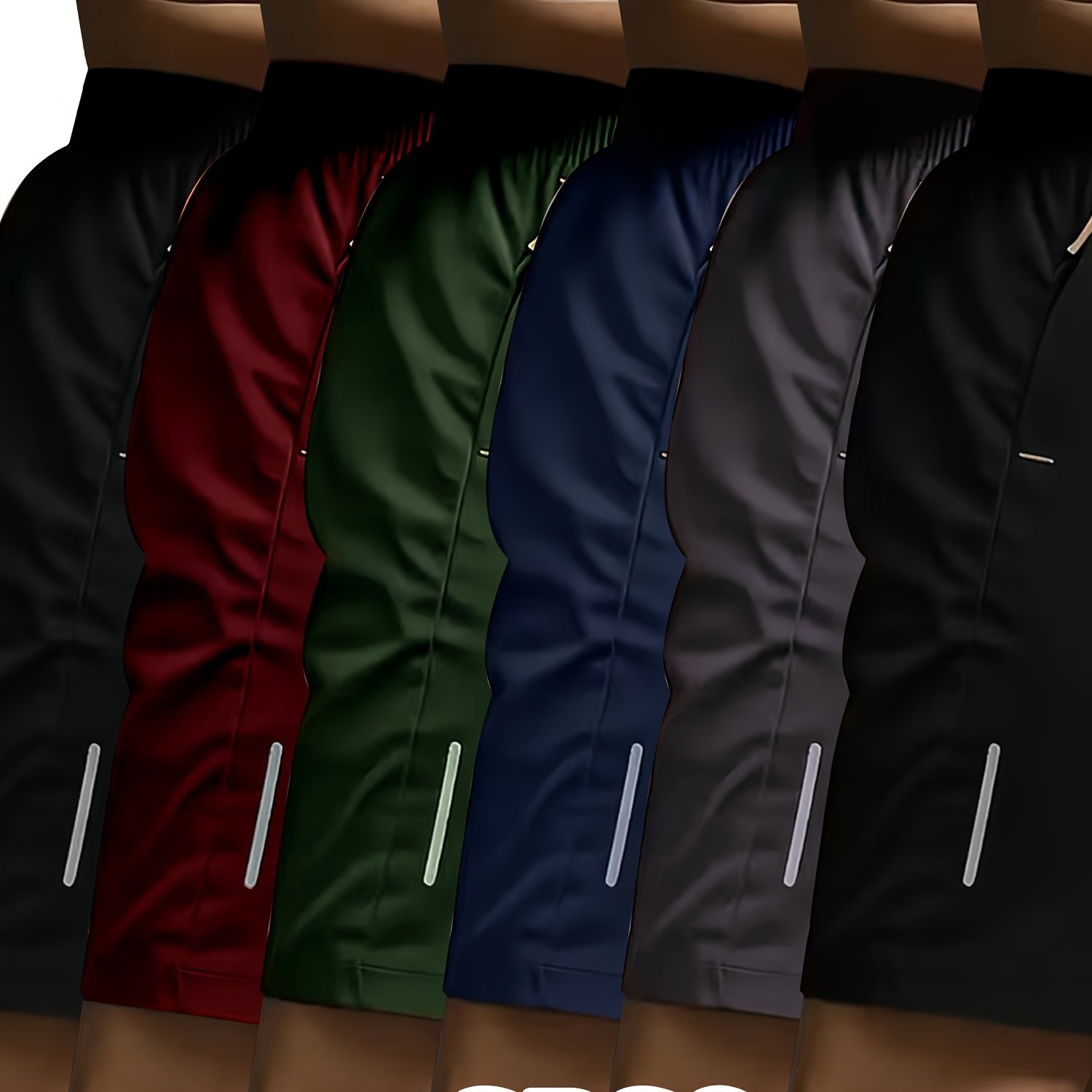 TEMU 6pcs Mixed Pc Of Men's Sporty Casual Shorts In Black, Gray, Navy Blue, Army Green, Burgundy, And Black. Reflective Strip Print Design, Dual Side