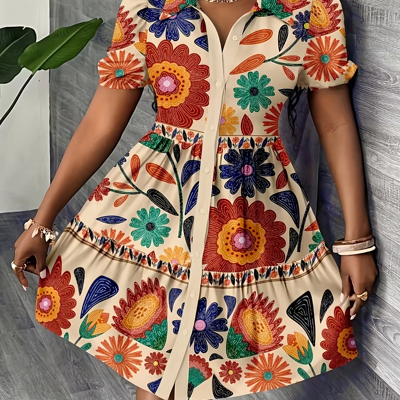 TEMU Essential For Casual : Short-sleeved Collared Button-up Printed Waist-cinching Short Dress, Perfect For Summer Daily Commutes And