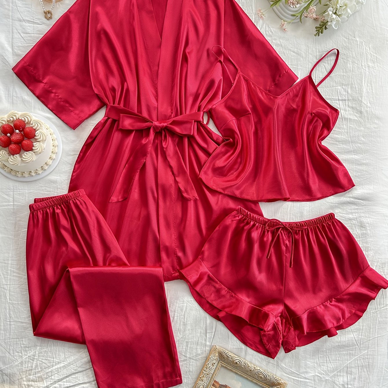 TEMU 4-teiliges Set stilvoller und sexy Nachtwäsche mit einem Camisole, Shorts und langen Hosen für Damen