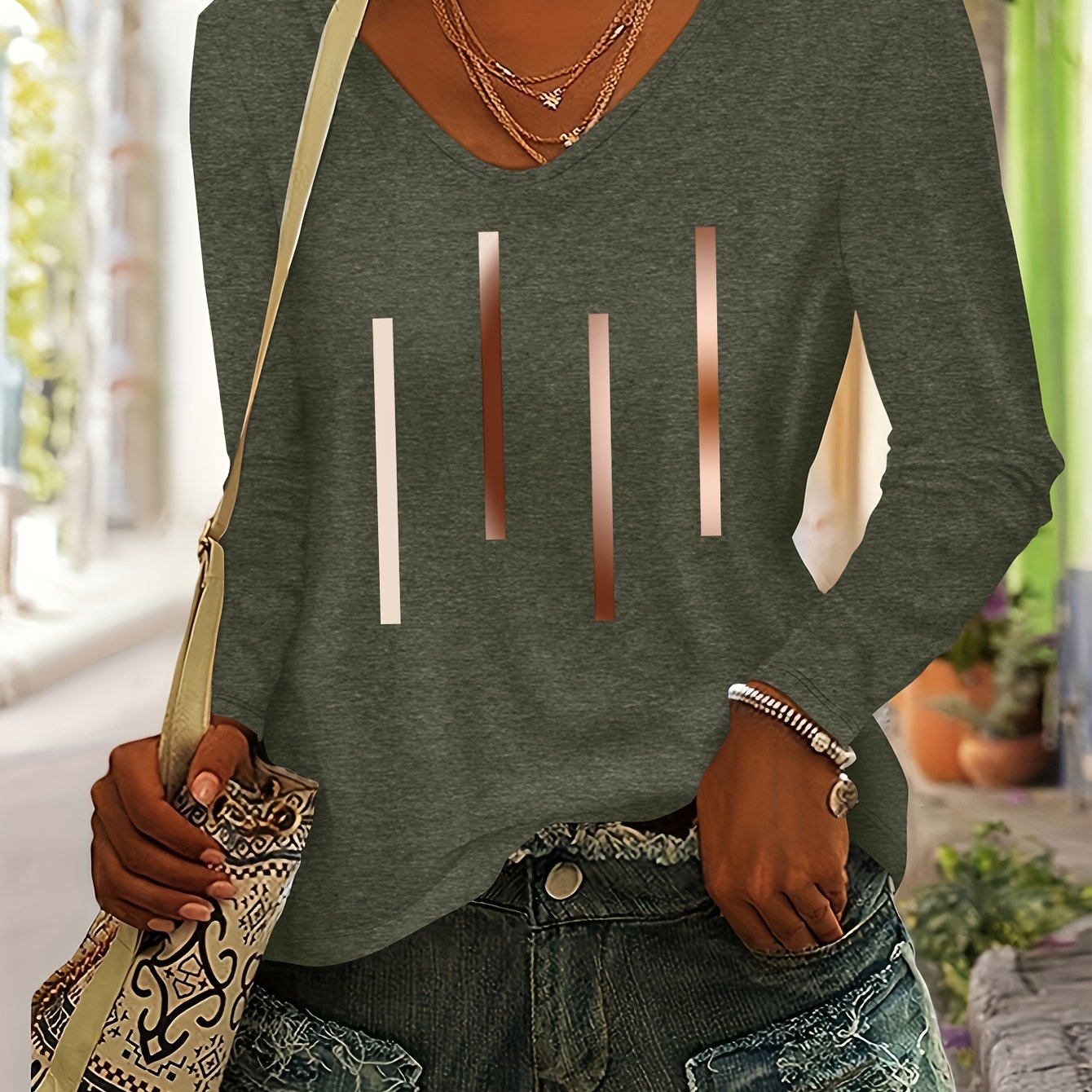 TEMU European And Women's Autumn/winter Daily Versatile Simple And Comfortable Casual Colored V-neck Long-sleeve T-shirt With Minimalist Line Pattern
