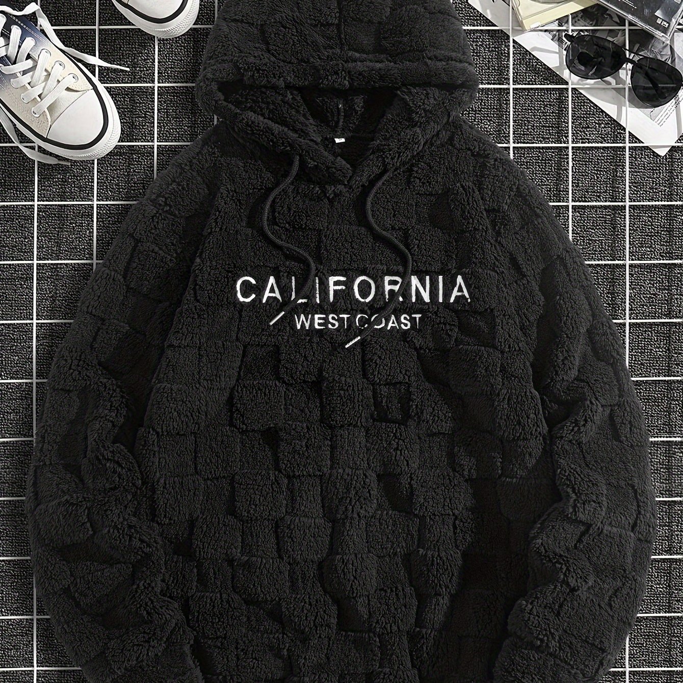 TEMU Sweat à capuche 1 pièce épais, , en peluche, à carreaux jacquard aléatoires brodés, d'automne