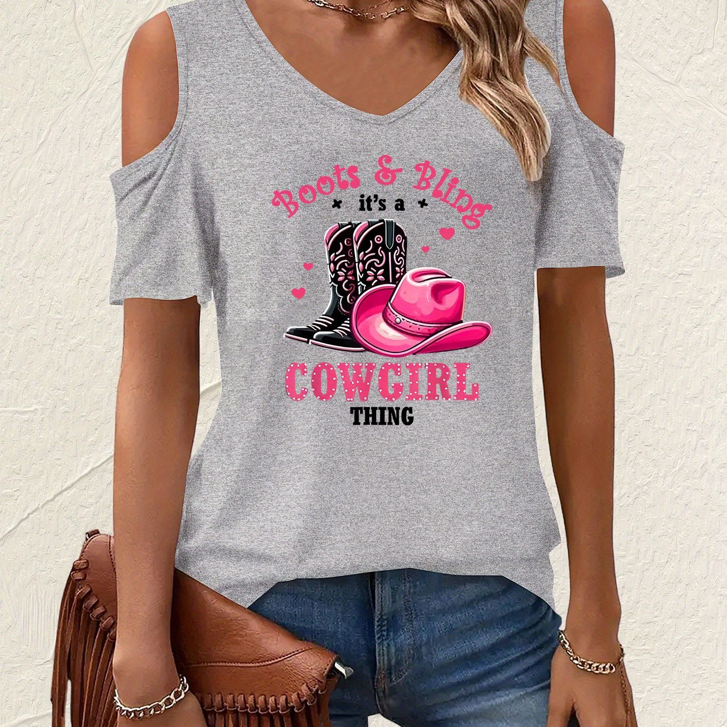 TEMU Graphic Print T-shirt, Short Sleeve V Neck Casual Top For Summer & Spring, Women's Clothing