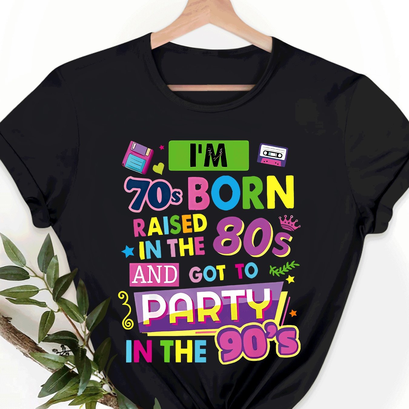 TEMU 70s-90s Retro Graphic Tee - Casual, Short Sleeve, Round Neck, Light Gray, "i'm Born In The 70s, The 80s, And Not Too Old To Party In The 90s"