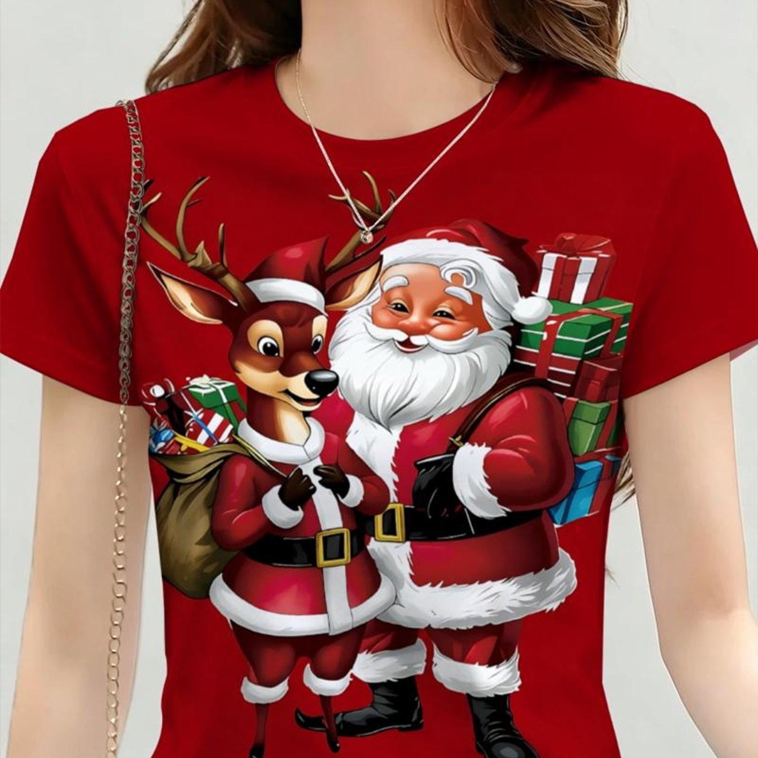 TEMU Printed Design - Not Textured New Women's Short Sleeve Christmas Santa Reindeer Holiday Gift Box Cartoon Pattern Suitable For Christmas Family