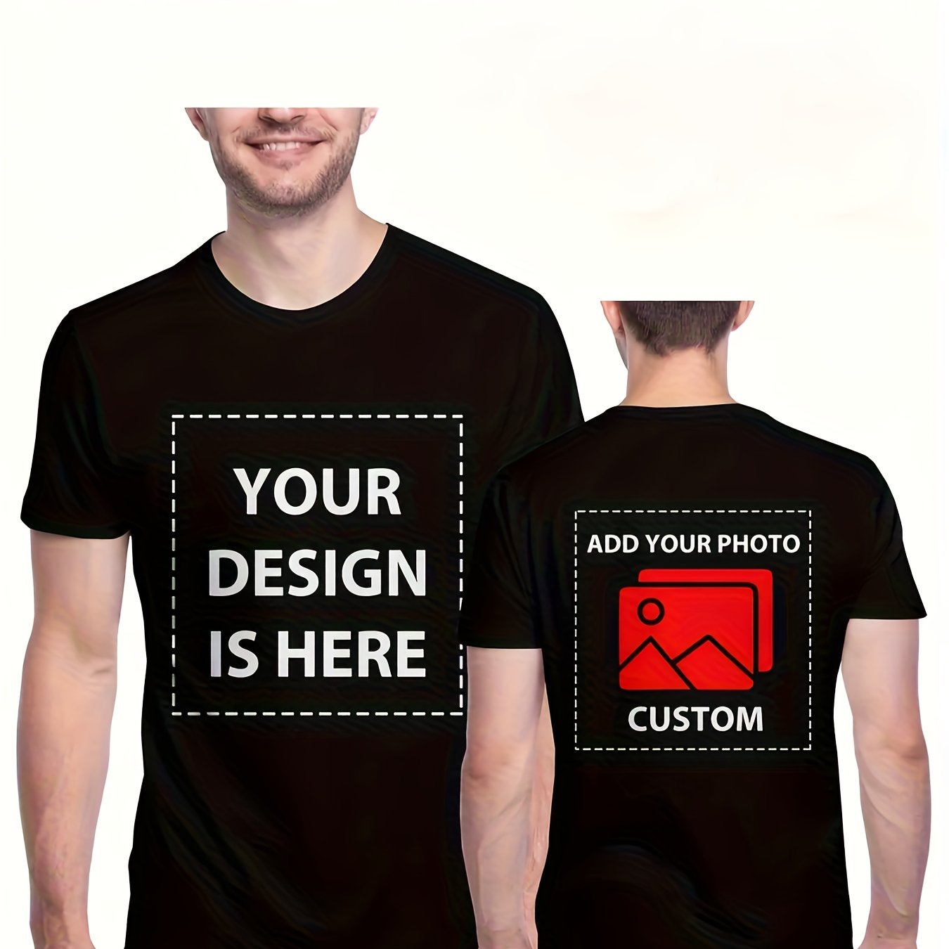 TEMU Custom Men's T-shirt, Add Your Design Photo, Pattern, Logo, Printable On Front And Back, Regular Round Neck Style Suitable For Summer,