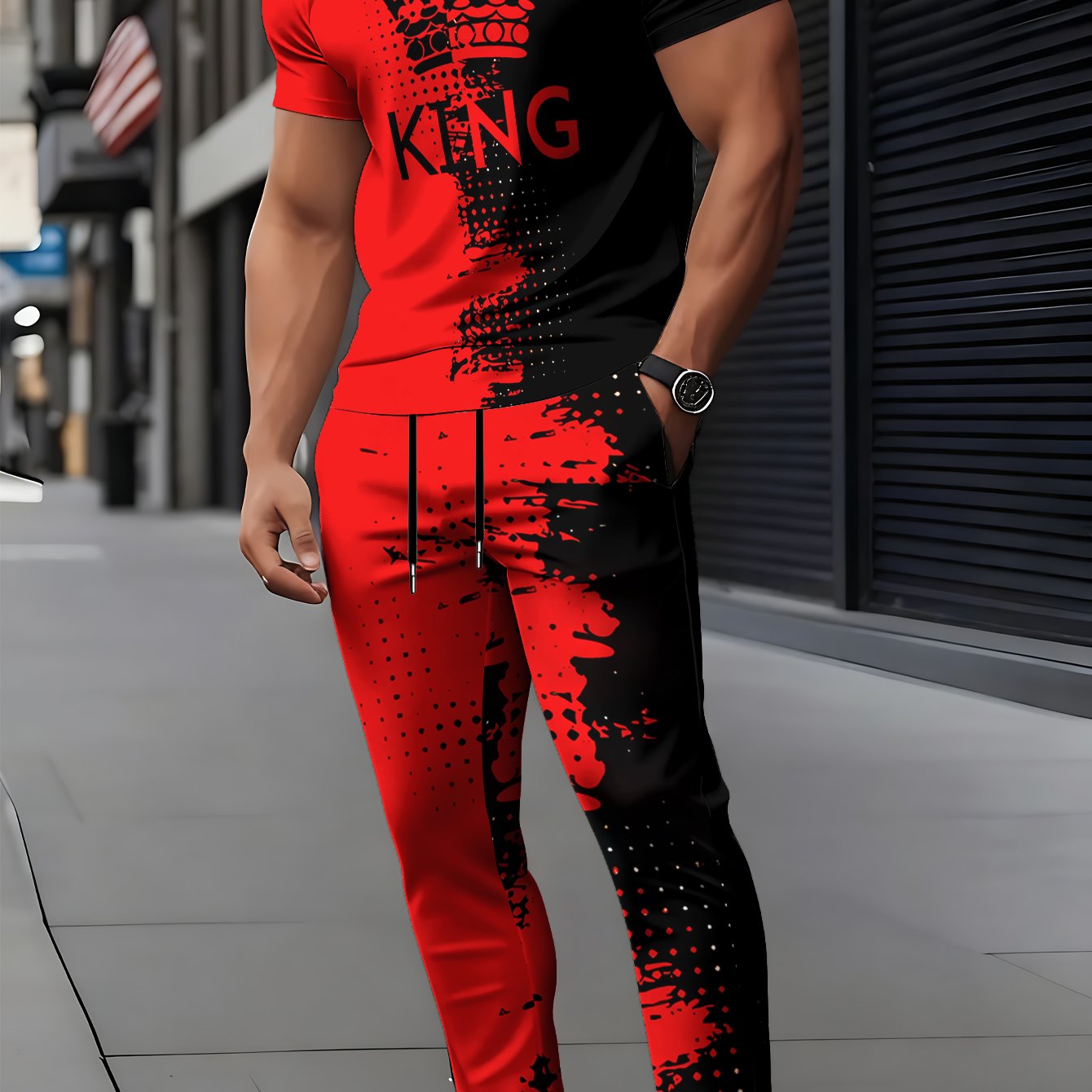 TEMU Men's Short Sleeve Round Neck T-shirt And Pants Set With 3d Print, Elegant Casual Round Neck Design With Slightly Elastic Knit, Suitable For