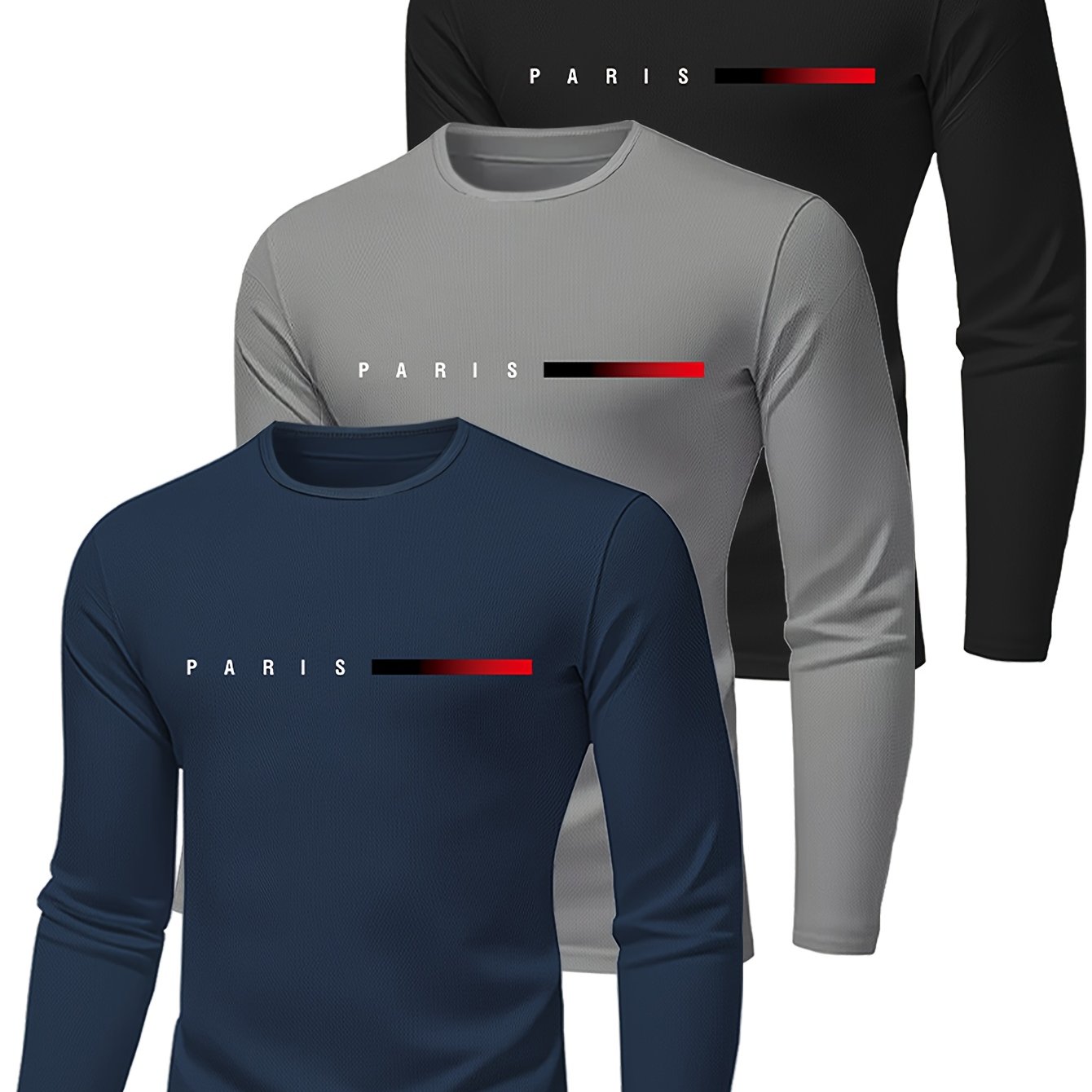 E-shop 3er-Pack Herren-Langarmshirts, atmungsaktiv und schnelltrocknend, Rundhalsausschnitt, mittlere Dehnbarkeit, bedruckt, Passform, ideal für