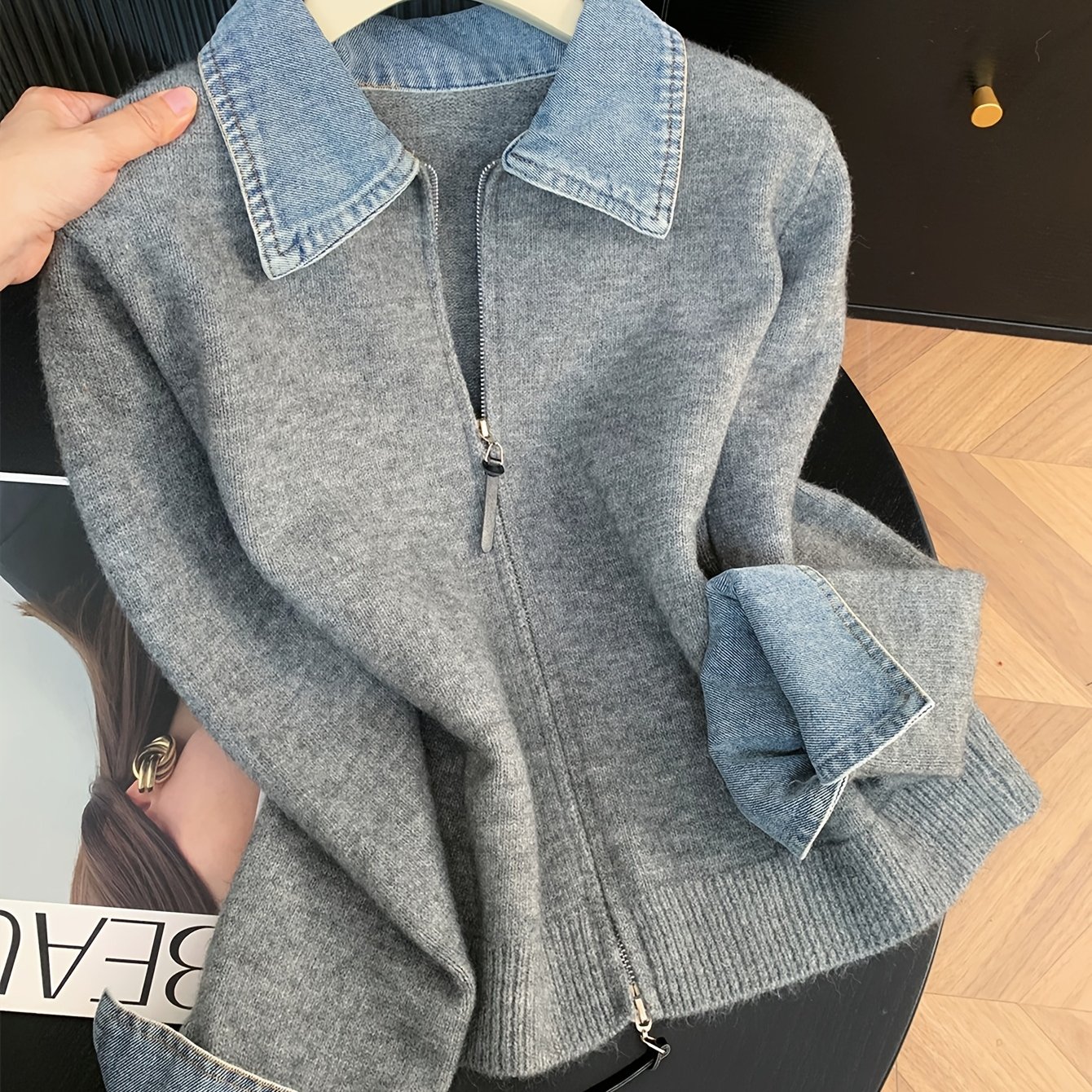 TEMU New Autumn/winter Women's Fashion: Elegant And Stylish Denim Collar Zipper Cardigan Sweater Jacket