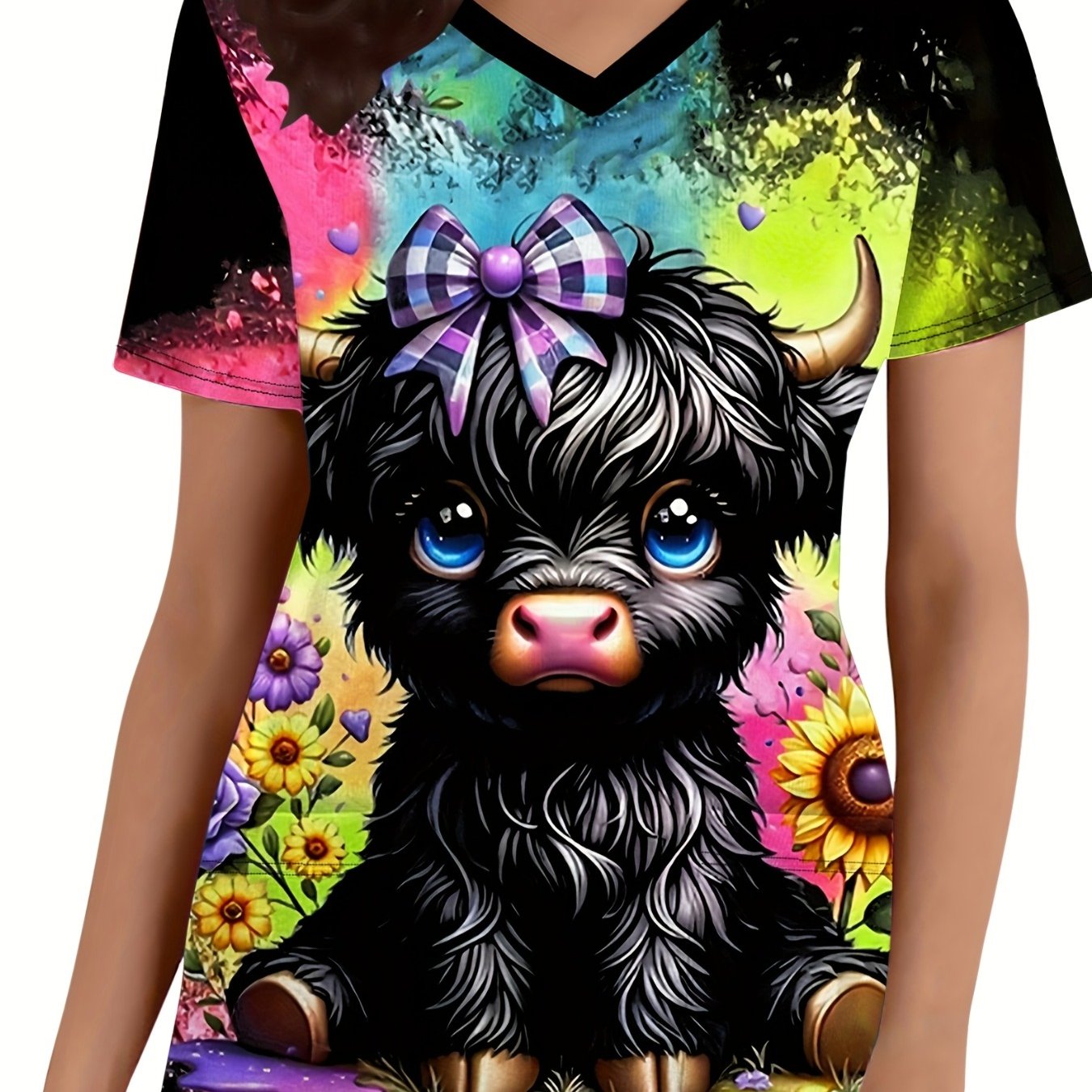 TEMU Women's V-neck Short-sleeve Cow Print Blouse - Full-body Cow Pattern Top With Pocket, Stretch Comfortable For Summer, Casual & Professional