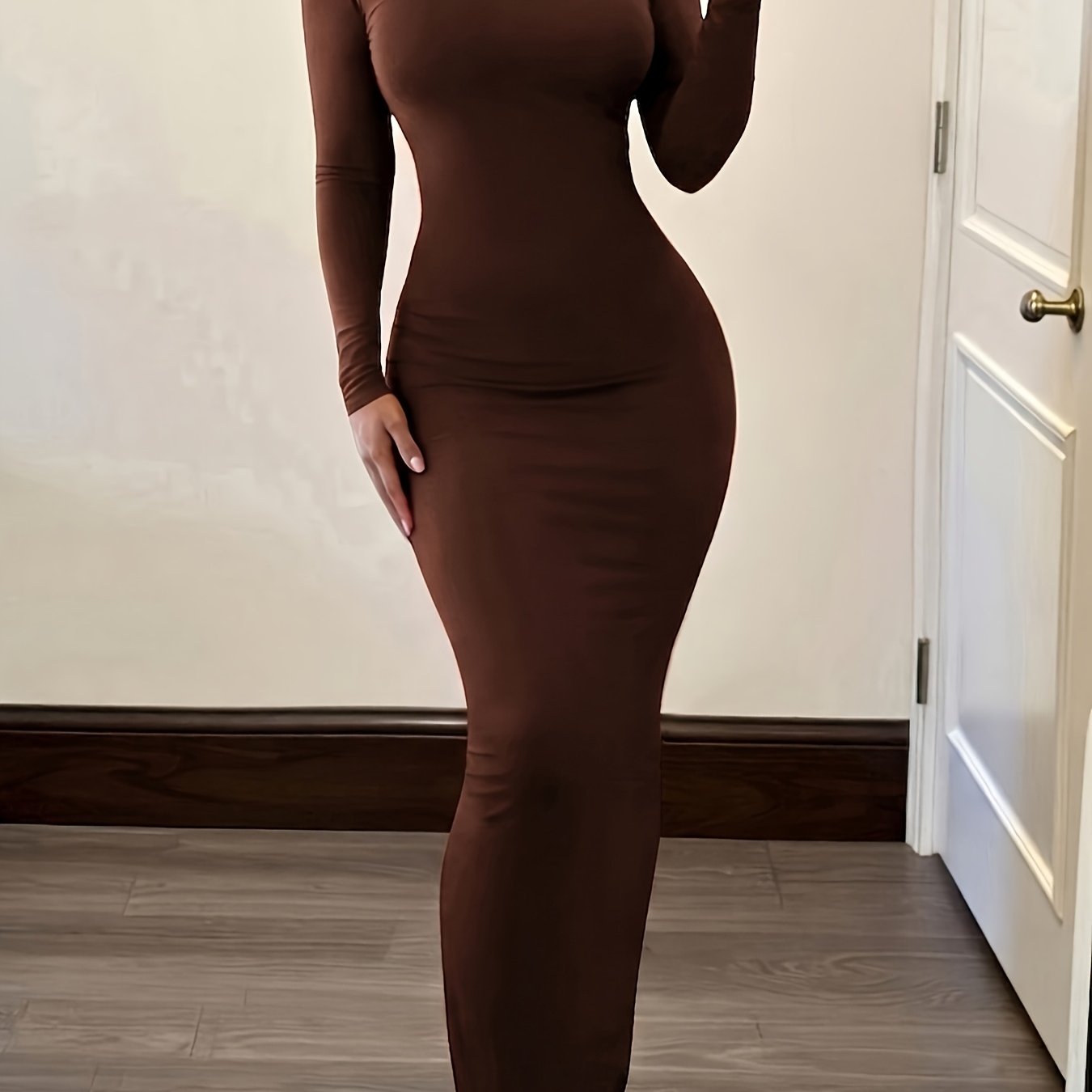 TEMU Women's Autumn Solid Color Round Neck Long Sleeve Fitted Elegant Dress, Suitable For Women In Autumn