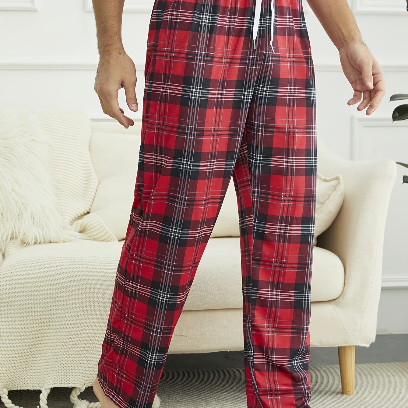 TEMU Men's Fashion Red Checkered Loose Elastic Waist Pants, Easy Style Casual Comfortable, With Drawstring