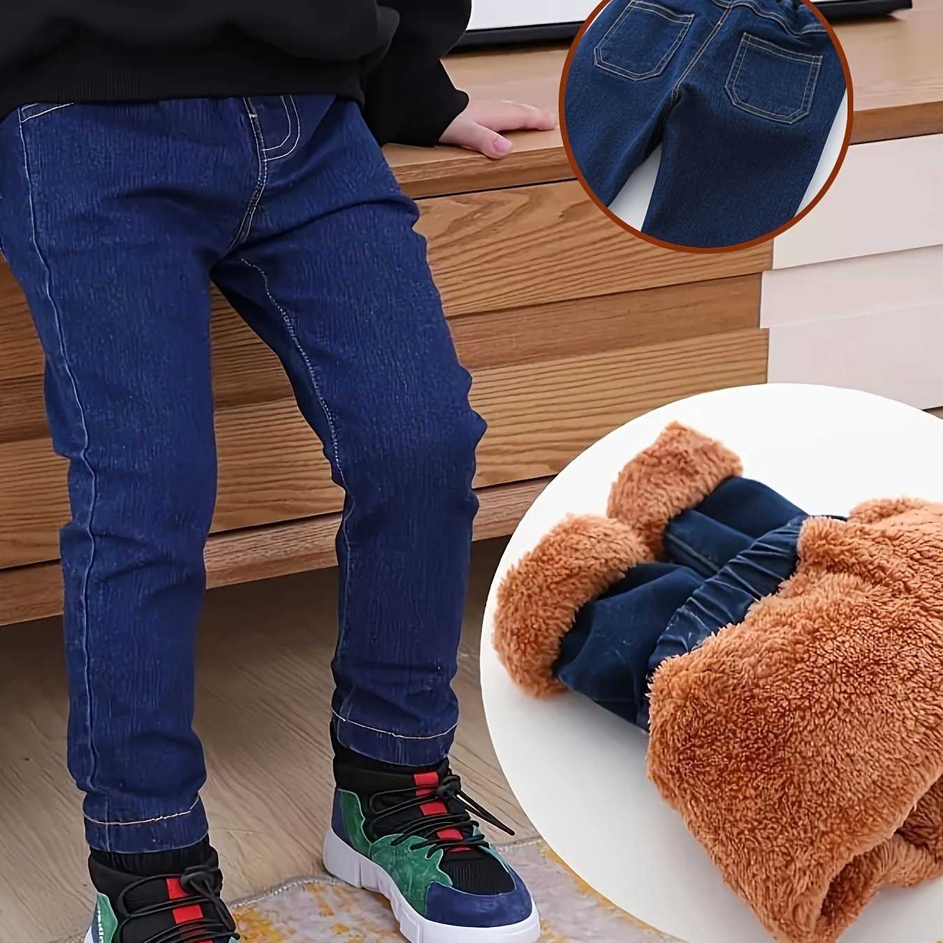 Image of Boys' Fleece-lined Thickened Denim With Elastic Waistband - 90-130 Inch, Blue, , Washed Denim, Perfect For Fall/winter, Comfortable And Stylish, Everyday Denim| Denim|fleece Lined Denim