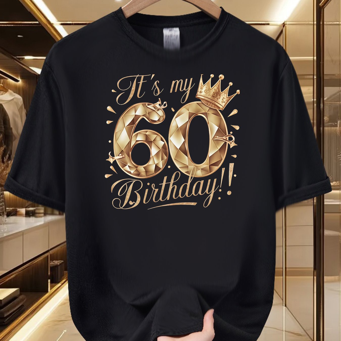 TEMU Men's Golden 60th Birthday Celebration Crew Neck T-shirt - Fun And Festive, Soft And Breathable, 100% Polyester Fiber, Stylish Graphic Design,